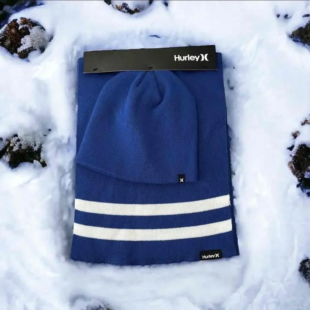 NWT Hurley Men’s Beanie & Scarf Set – Blue with White Stripe – One Size